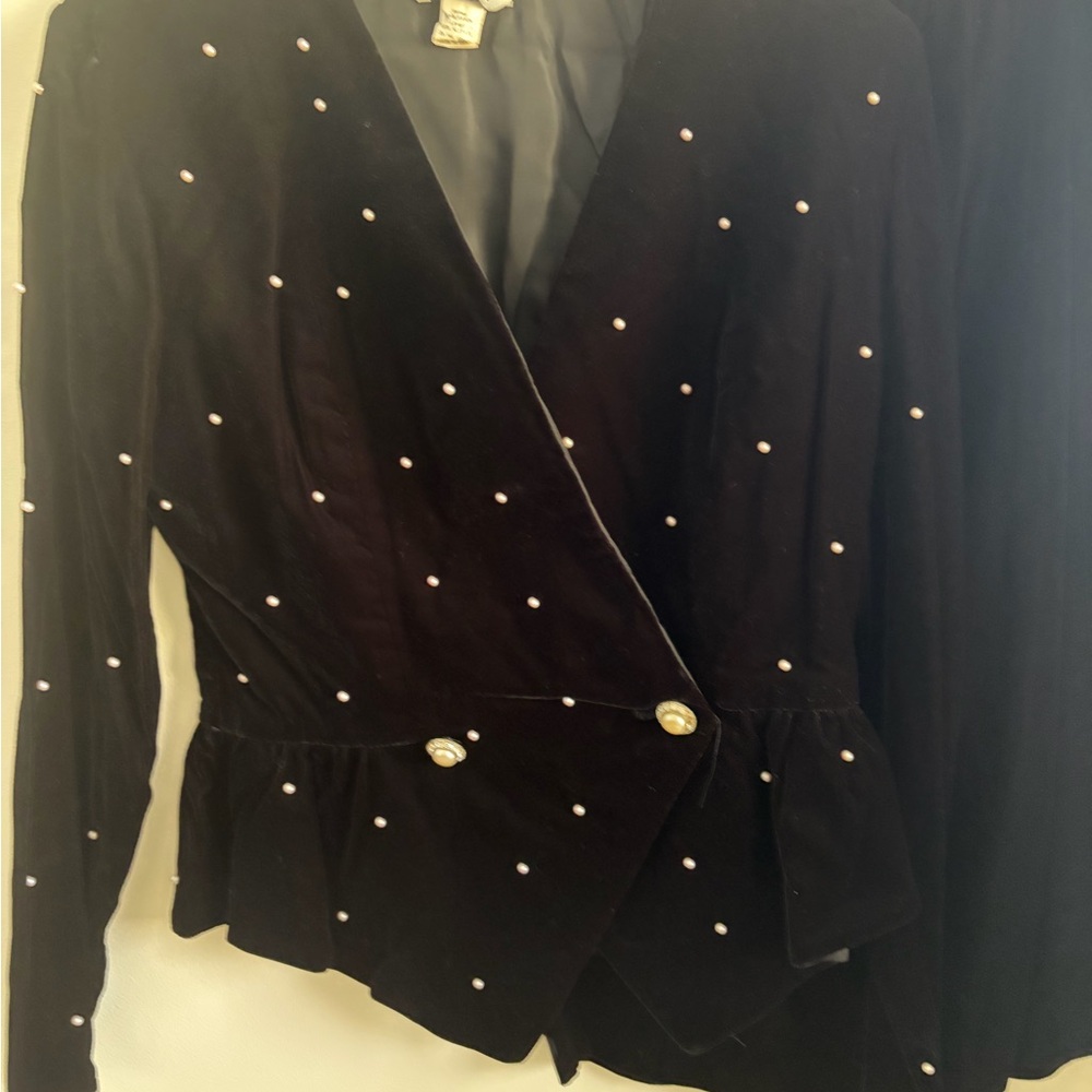 Patra Black Velvet Pearl-Studded Wrap Blazer